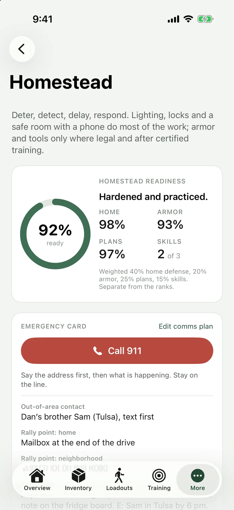 Homestead screen: home-defense readiness ring, with home, armor, plans and skills, and an emergency card.