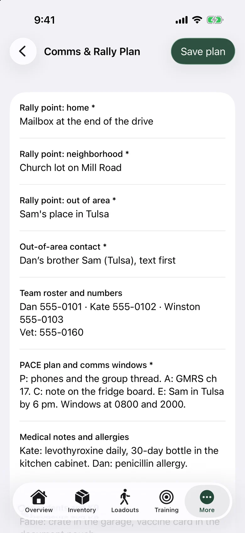 Comms and Rally Plan with rally points, out-of-area contact, team roster and the PACE plan.