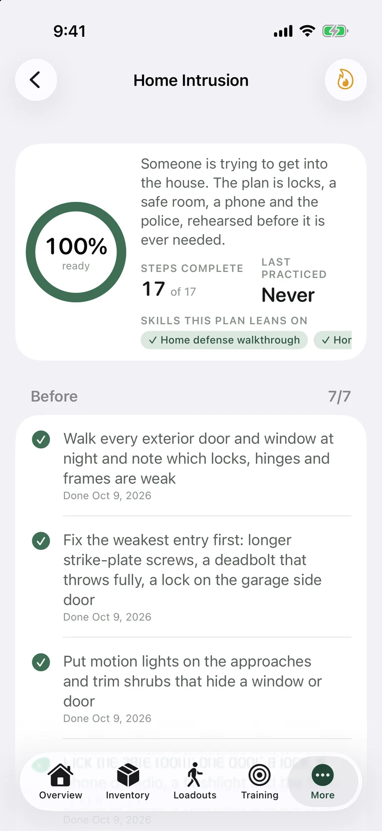 Home Intrusion plan with Before, During and After steps: locks, a safe room, a phone and the police.