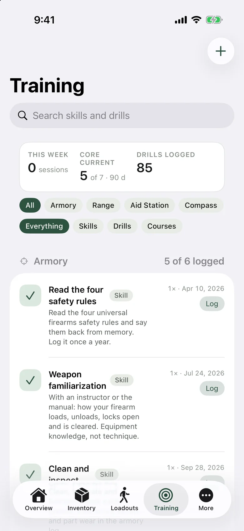 Training screen with skills, drills and courses grouped by theme, each with how often and when it was last logged.